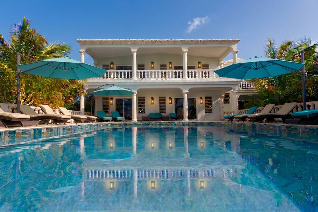 Villa Amaaj at golden hour overlooking the Caribbean